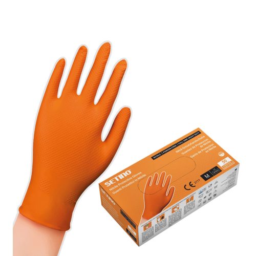 Egyszer használatos nitril full grip nagy teherbírású védőkesztyű púdermentes narancs 8,5 gramm (50 db/doboz) L