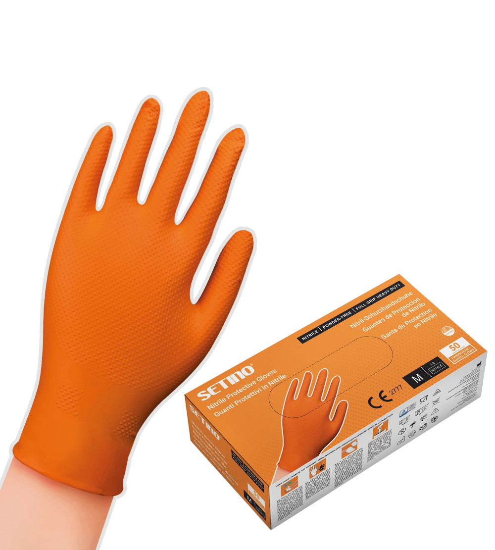 Egyszer használatos nitril full grip nagy teherbírású védőkesztyű púdermentes narancs 8,5 gramm (50 db/doboz) M
